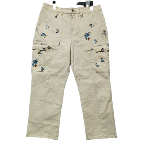 Indigo Rein Floral Embroidered Cargo Pants Size 15 Beige Blue Jeans - Picture 1 of 9